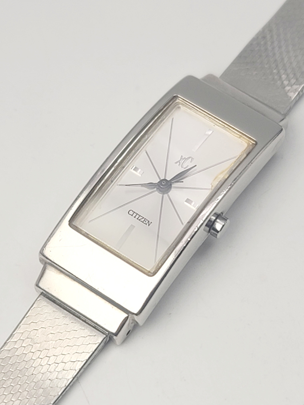 Vintage Citizen xC Tank Watch 5431-H12549 Silver Dial Rectangular Mesh Band